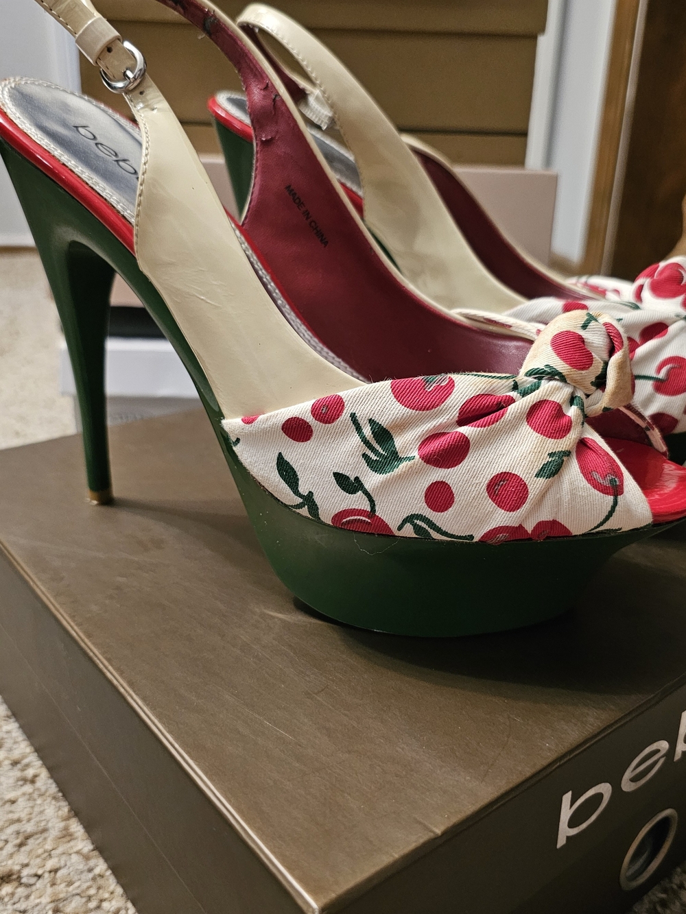 bebe Cherry-Print Peep Toe Platform Slingbacks in White/Red/Green - Picture 2 of 7